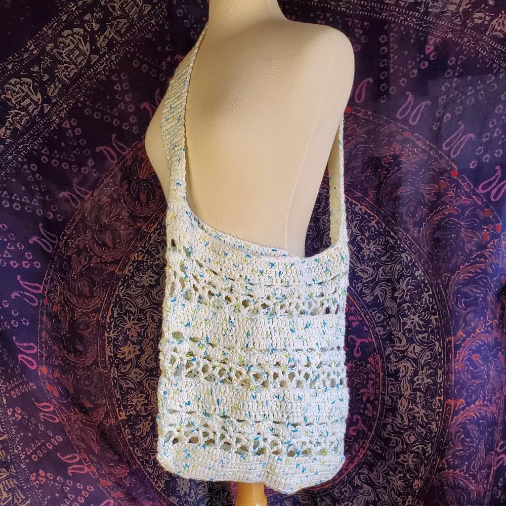 Bohemian Hues Handmade Crochet Cotton Market Bag White w/Multi Color Speckles
